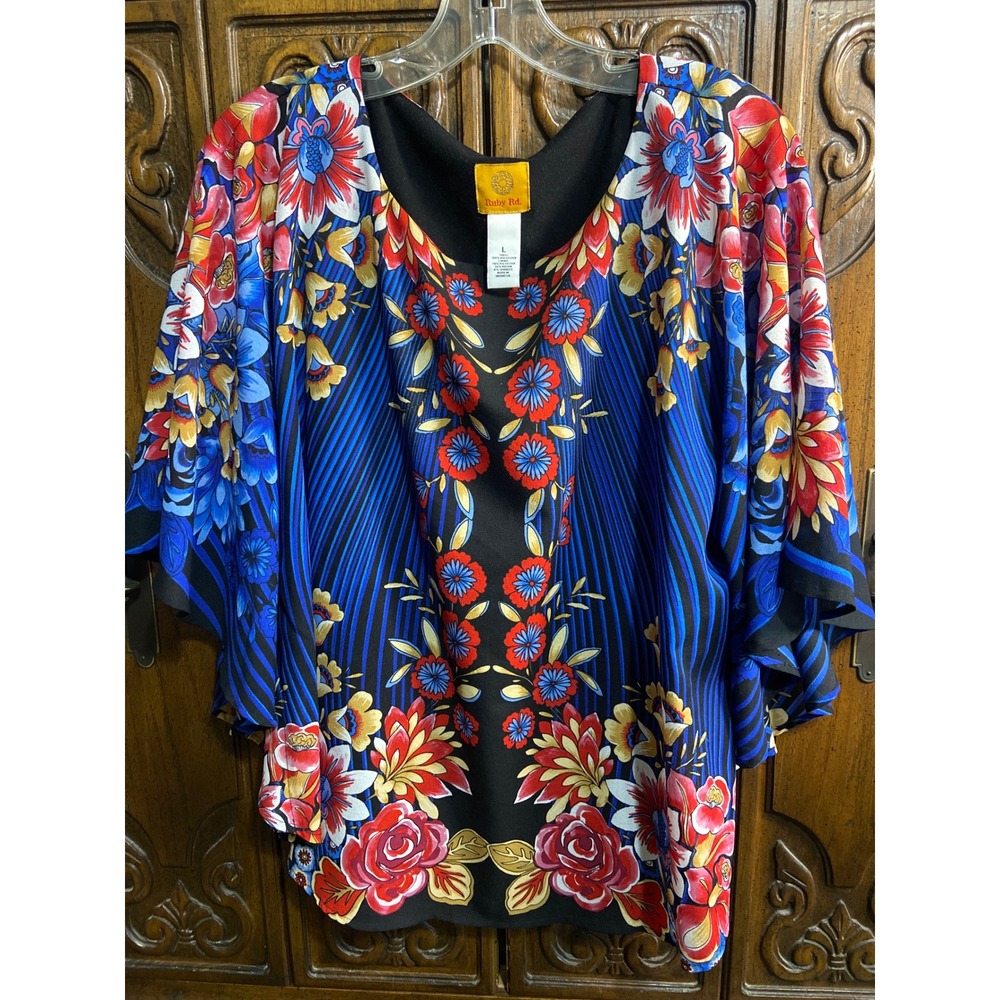 Ruby Rd Womens Floral Print Poncho Top Blue Red Black Kimono Sleeve Blouse L